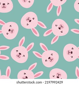Rabbits, hares, bunnyes seamless pattern. Cute characters. Baby cartoon vector in simple hand-drawn Scandinavian style. Nursery illustration children print, baby shower.
