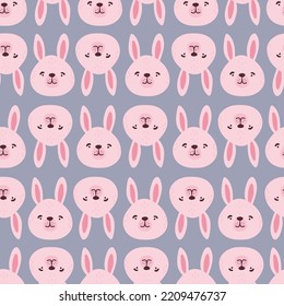 Rabbits, hares, bunnyes seamless pattern. Cute characters. Baby cartoon vector in simple hand-drawn Scandinavian style. Nursery illustration children print, baby shower.
