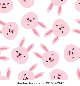 Rabbits, hares, bunnyes seamless pattern. Cute characters. Baby cartoon vector in simple hand-drawn Scandinavian style. Nursery illustration children print, baby shower.