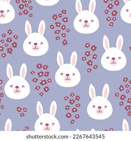 Rabbits, hares, bunnyes seamless pattern. Cute characters. Baby cartoon vector in simple hand-drawn Scandinavian style. Nursery illustration children print, baby shower.