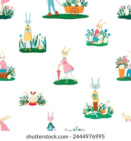 Rabbits and hares in the clearing, eggs. Seamless pattern. Happy Easter concept. Template for print, paper, textile. Vector illustration in modern style.