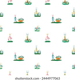 Rabbits and hares in the clearing, eggs. Seamless pattern. Happy Easter concept. Template for print, paper, textile. Vector illustration in modern style.
