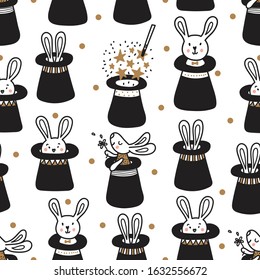 Rabbits in the hat of a magician. Cute vector seamless pattern.