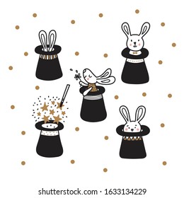 Rabbits in the hat of a magician. Cute vector set.