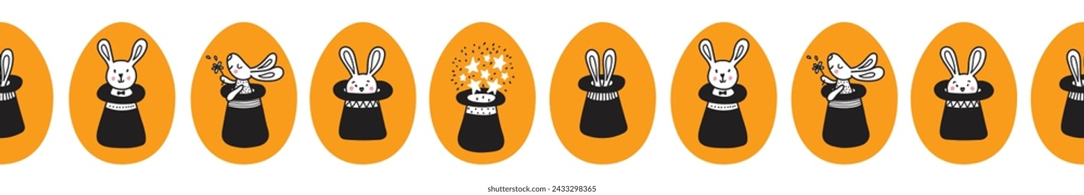 Rabbits in the hat of a magician. Cute vector seamless banner.