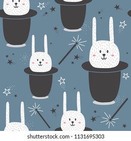 Rabbits in hats, magic wands, stars, hand drawn backdrop. Colorful seamless pattern with muzzles of animals. Decorative cute wallpaper, good for printing. Overlapping colored background vector
