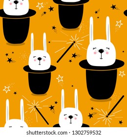 Rabbits in hats, magic wands, stars, hand drawn backdrop. Colorful seamless pattern with muzzles of animals. Decorative cute wallpaper, good for printing. Overlapping colored background vector