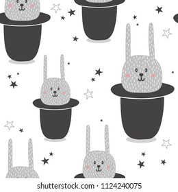 Rabbits in hats, stars, hand drawn backdrop. Colorful seamless pattern with muzzles of animals. Decorative cute wallpaper, good for printing. Overlapping colored background vector