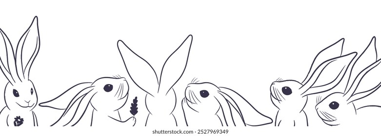 Rabbits header outline style isolated on white. Background horizontal for banner, text, advertising. Farm, zoo, natural theme. Vector minimalistic backdrop