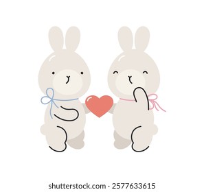 Сute rabbits with heart. Isolated on white background. Valentine's day design. For card, posters, stickers, banners, printing on the pack, printing on clothes, fabric, wallpaper.