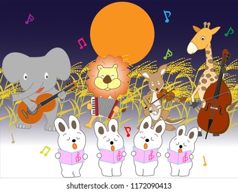 The rabbits held a concert on the full moon day of autumn.
