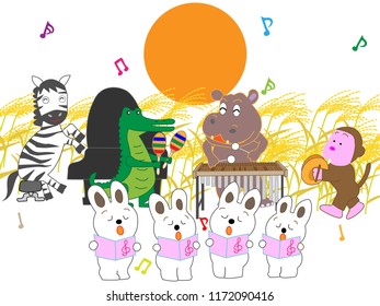 The rabbits held a concert on the full moon day of autumn.
