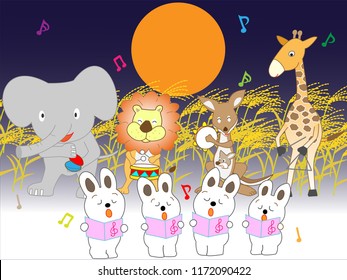 The rabbits held a concert on the full moon day of autumn.
