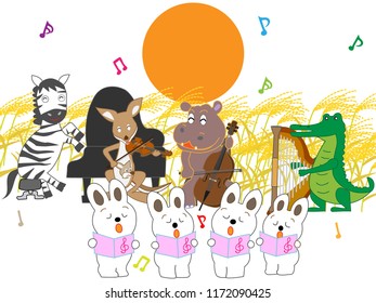 The rabbits held a concert on the full moon day of autumn.
