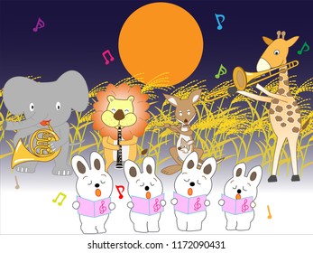 The rabbits held a concert on the full moon day of autumn.
