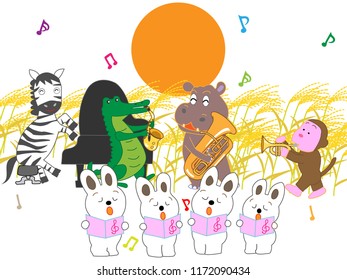 The rabbits held a concert on the full moon day of autumn.
