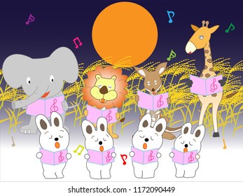 The rabbits held a concert on the full moon day of autumn.
