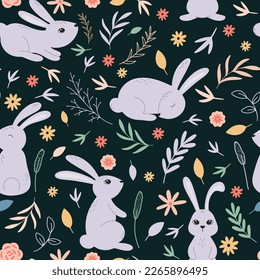 Conejos en hierbas y flores sin costura. Un bonito fondo de bebé con arenas. Impresión de conejo para textiles, papel pintado, tela, diseño de objetos y objetos. Plantilla de hoja de flores botánicas con animales