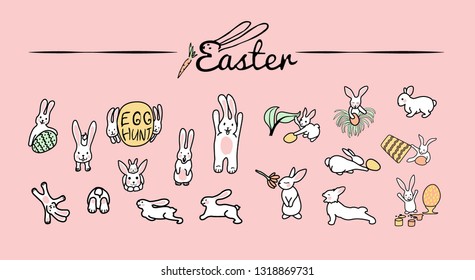 rabbits hide eggs. Set of cute Happy Easter cartoon characters. Bunnies, Easter eggs, flowers, leaves, bucket. set with funny bunny and eggs. lettering and hand drawn elements on pink background