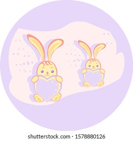 Rabbits hold a huge heart.Round frame Pink background.For prints, book illustrations, packaging material, textiles.Vector illustration.
