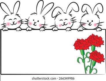 rabbits holding a blank card with carnation flower