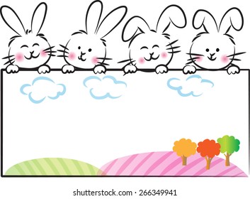 rabbits holding a blank card with tree
