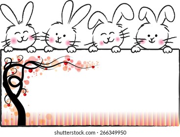 rabbits holding a blank card with tree