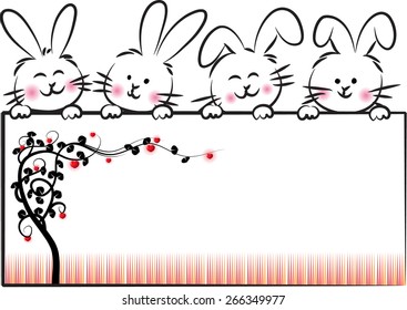 rabbits holding a blank card with tree