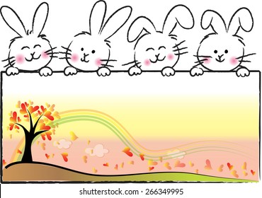 rabbits holding a blank card with tree and heart shape leaf