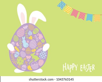 Rabbits holding Easter eggs vector card.