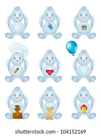 Rabbits holds gifts in paws: red heart, holiday box, money bag, flower, balloon, ice cream, carrot, scroll. Vector