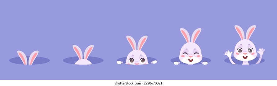 Rabbits in holes. Rabbit with ears hiding in burrow animation, easter hare or kawaii cartoon bunny seek to hole, cute pretty hide animal pet character concept vector illustration of rabbit in hole