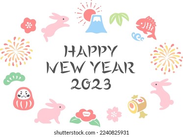 Rabbits and Japanese style New Year icons frame with “HAPPY NEW YEAR 2023” text