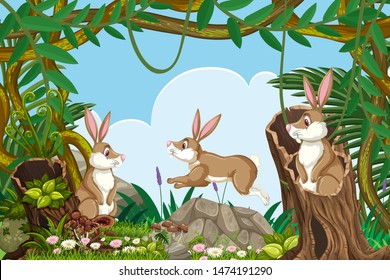 Rabbits in jungle scene illustration