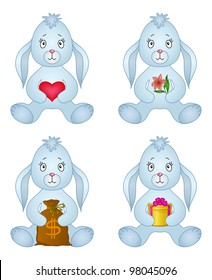 Rabbits, little bunny holds gifts in paws: red heart, holiday box, money bag, flower. Vector