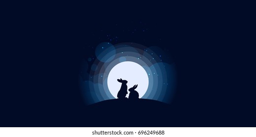 Rabbits looking at the full moon. Night sky with stars and cloud.Vector illustration background.