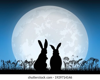 the rabbits looking full moon on blue sky background,vector illustration