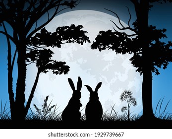 the rabbits looking full moon on blue sky background,vector illustration