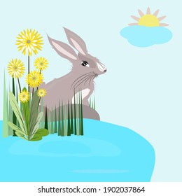 Rabbits looking at the sun.Vector cute cartoon .Vector illustration background.
