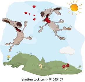 Rabbits and love. A meeting. Cartoon