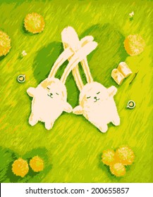 Rabbits in love together on the grass. Vector illustration