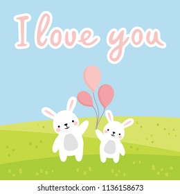 Rabbits love vector print, bunny balloons and i love you write cartoon illustration, baby shower card, greeting or valentine card, kids cards for birthday poster or banner, cartoon invitation