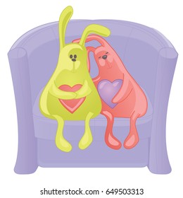 Rabbits lovers hug each other on sofa. Sweet toys for gist cards. Hearts. Love story. Vector illustration