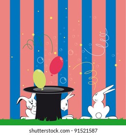 Rabbits are magicians hat out of the soap bubbles and stars.