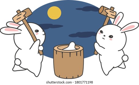 The rabbits making rice cake.