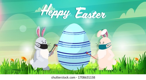 rabbits in masks drawing on egg happy easter bunny sticker spring holiday coronavirus covid-19 pandemic quarantine concept landscape background horizontal greeting card lettering vector illustration