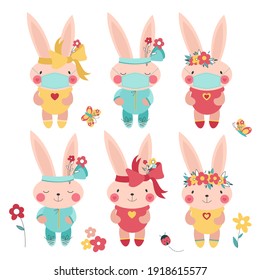 Rabbits in a medical mask with flowers. Funny hares. Spring and summer holidays. Vector illustration.