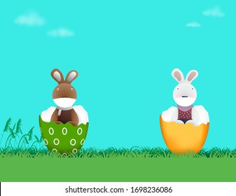 Rabbits with medical mask are sitting in Easter eggs for social distancing to prevent coronavirus Illusatration vector