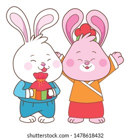 Rabbits in mid autumn festival with gift bag cartoons isolated ,vector illustration graphic design.
