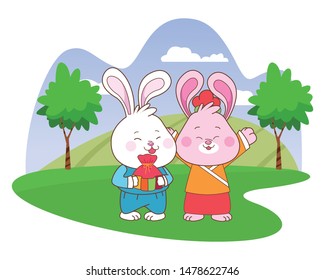 Rabbits in mid autumn festival with gift bag cartoons in the forest, landscape background vector illustration graphic design.